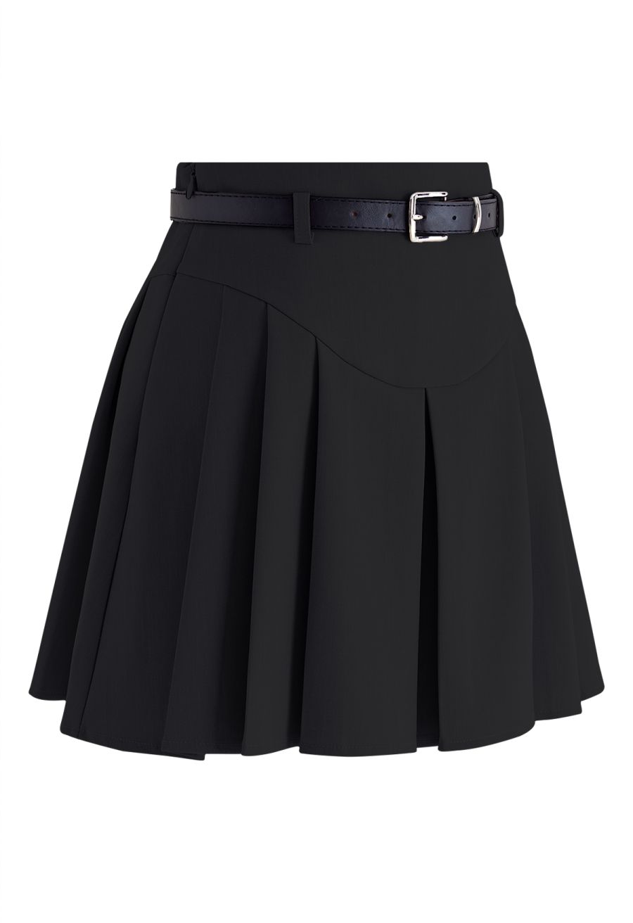 Seam Detailing Belted Pleated Mini Skirt in Black