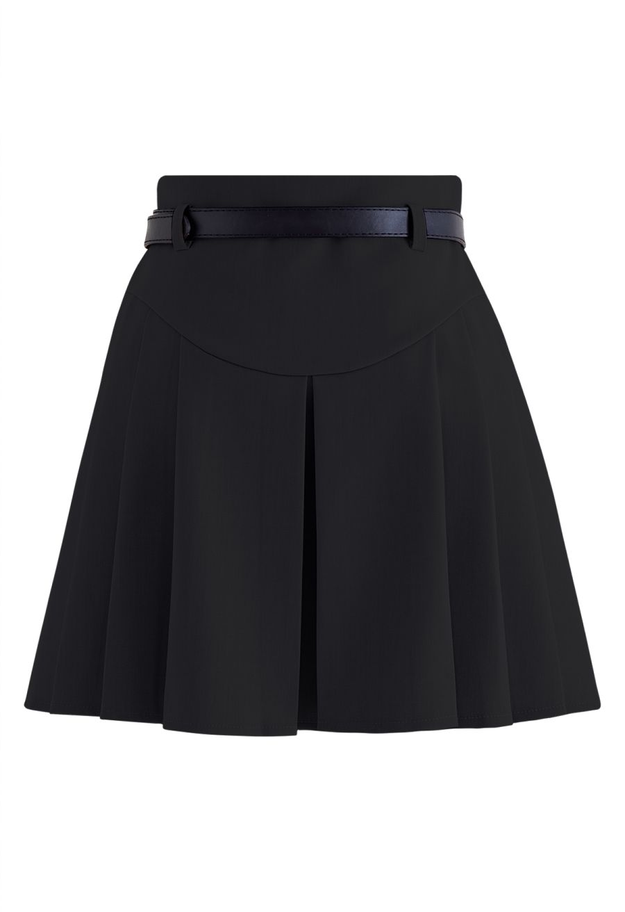 Seam Detailing Belted Pleated Mini Skirt in Black