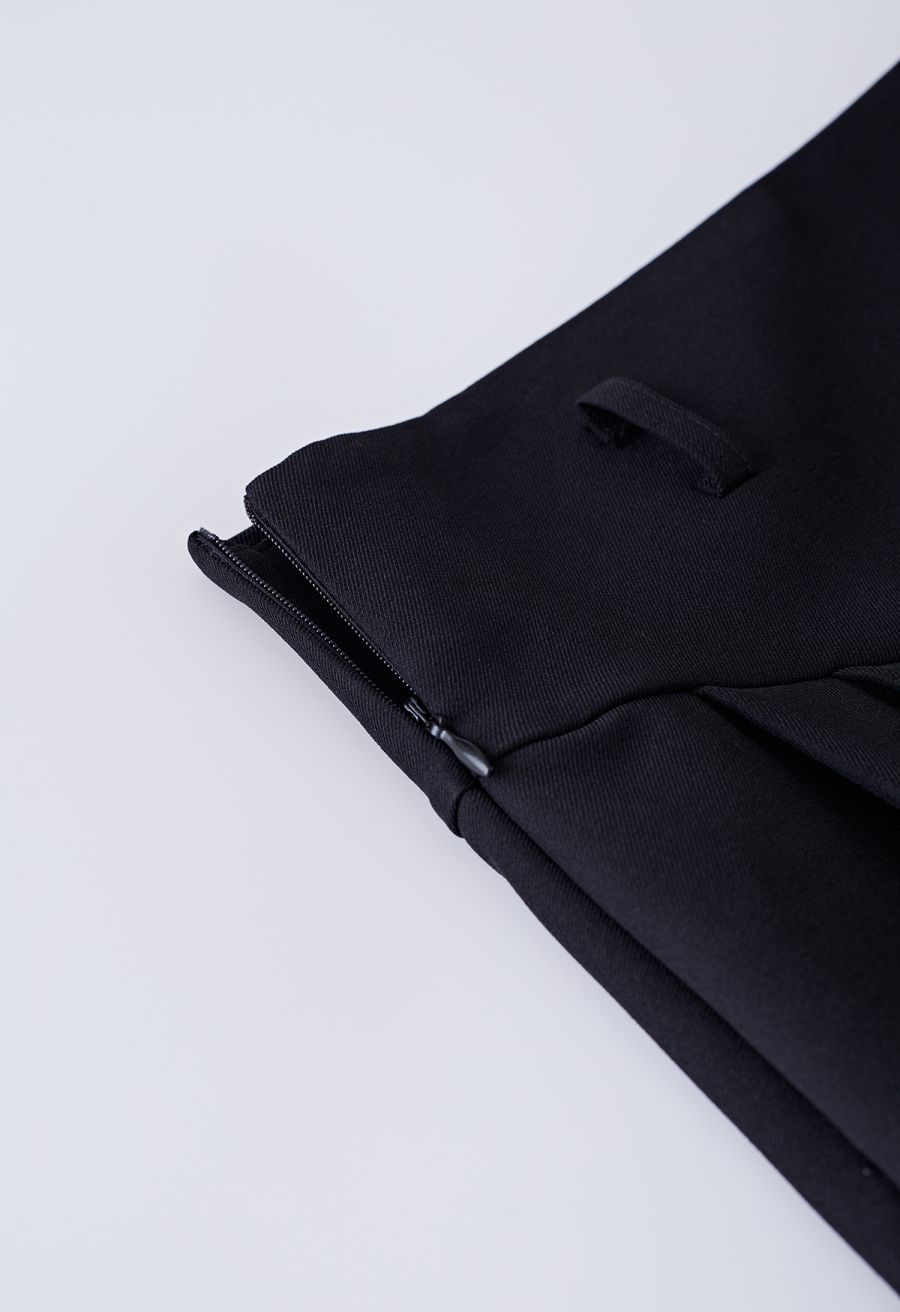 Seam Detailing Belted Pleated Mini Skirt in Black