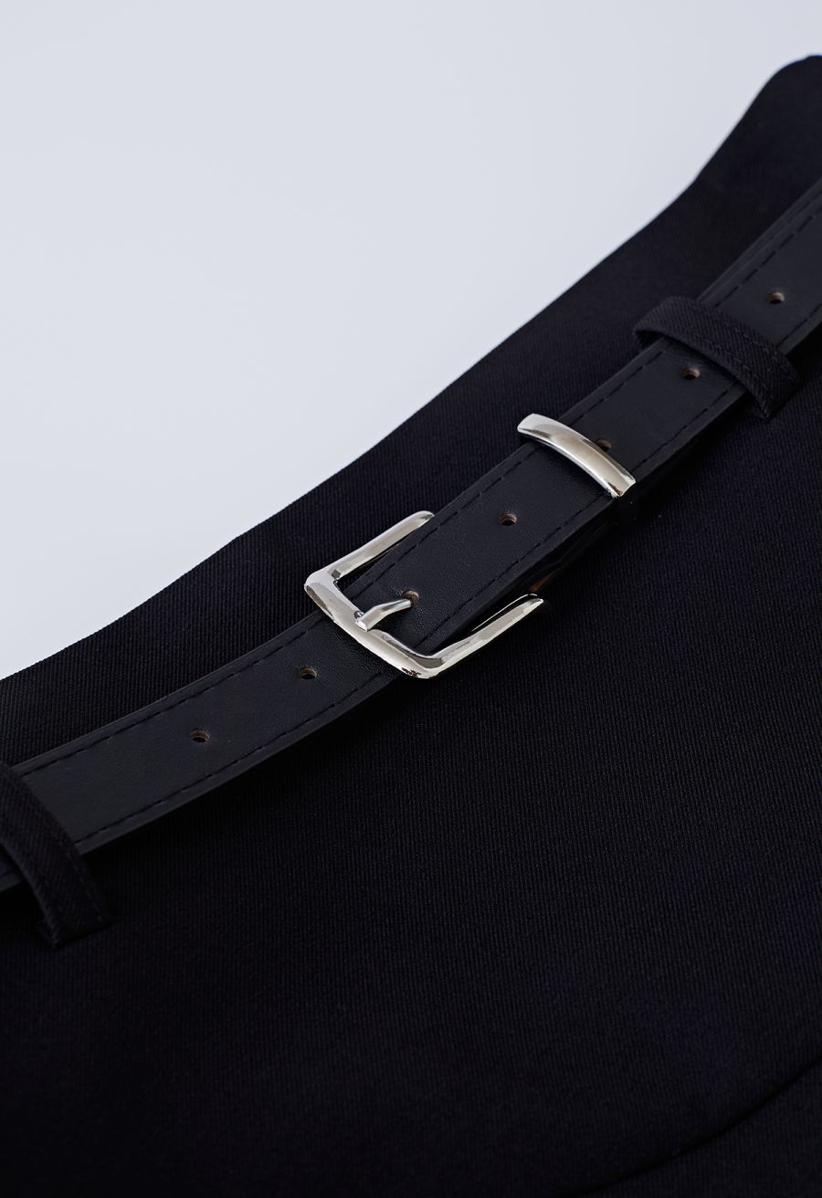 Seam Detailing Belted Pleated Mini Skirt in Black