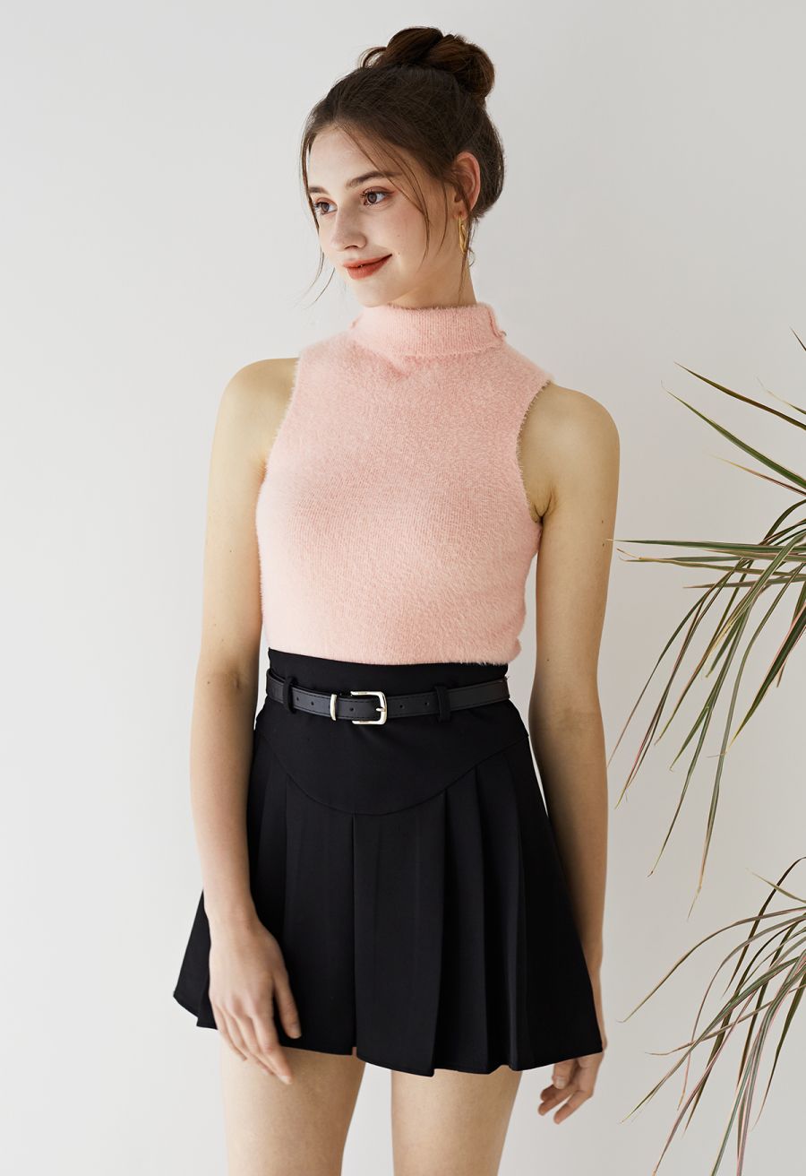 Seam Detailing Belted Pleated Mini Skirt in Black