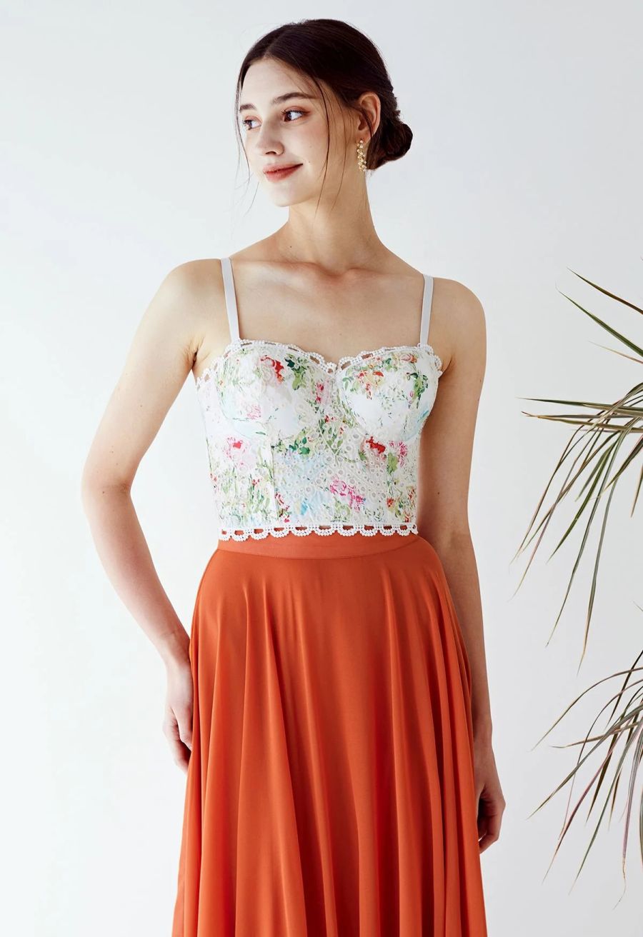 Monet Garden Floral Embroidered Bustier Crop Top