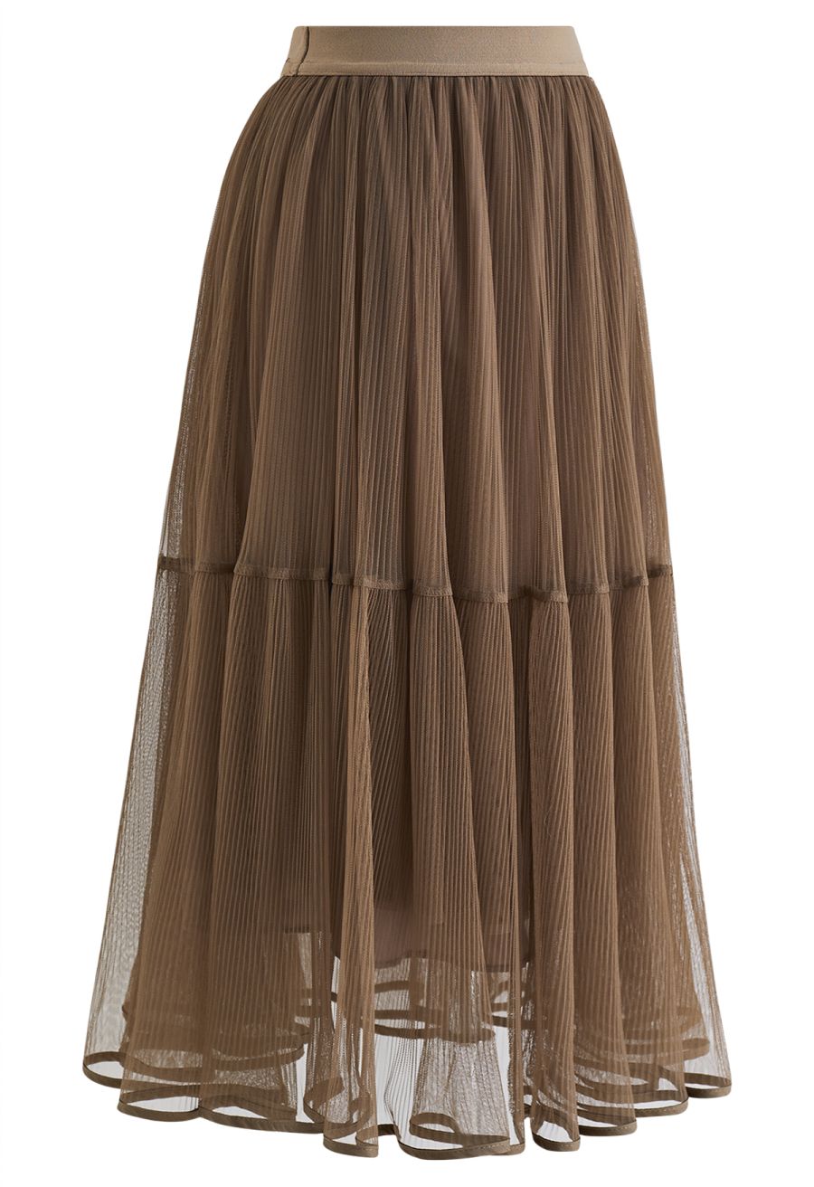 Fairy Plisse Mesh Tulle Midi Skirt in Brown