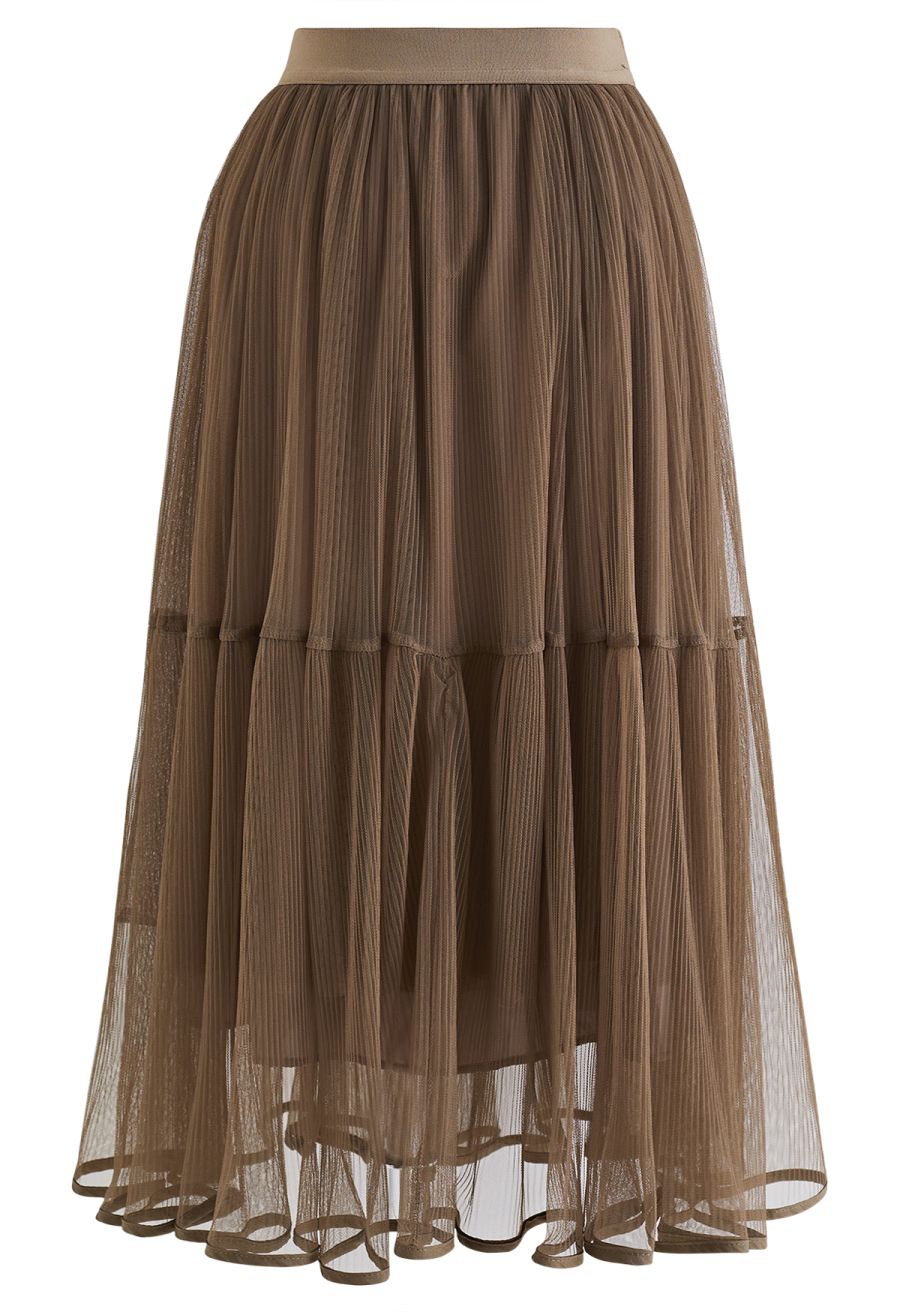 Fairy Plisse Mesh Tulle Midi Skirt in Brown