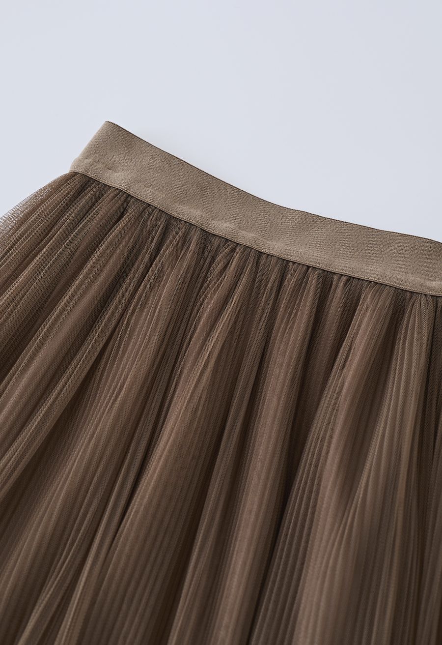 Fairy Plisse Mesh Tulle Midi Skirt in Brown