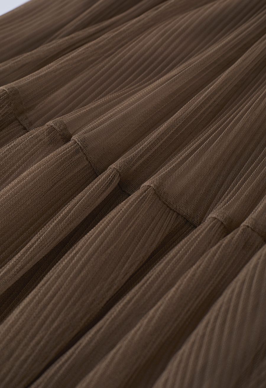 Fairy Plisse Mesh Tulle Midi Skirt in Brown