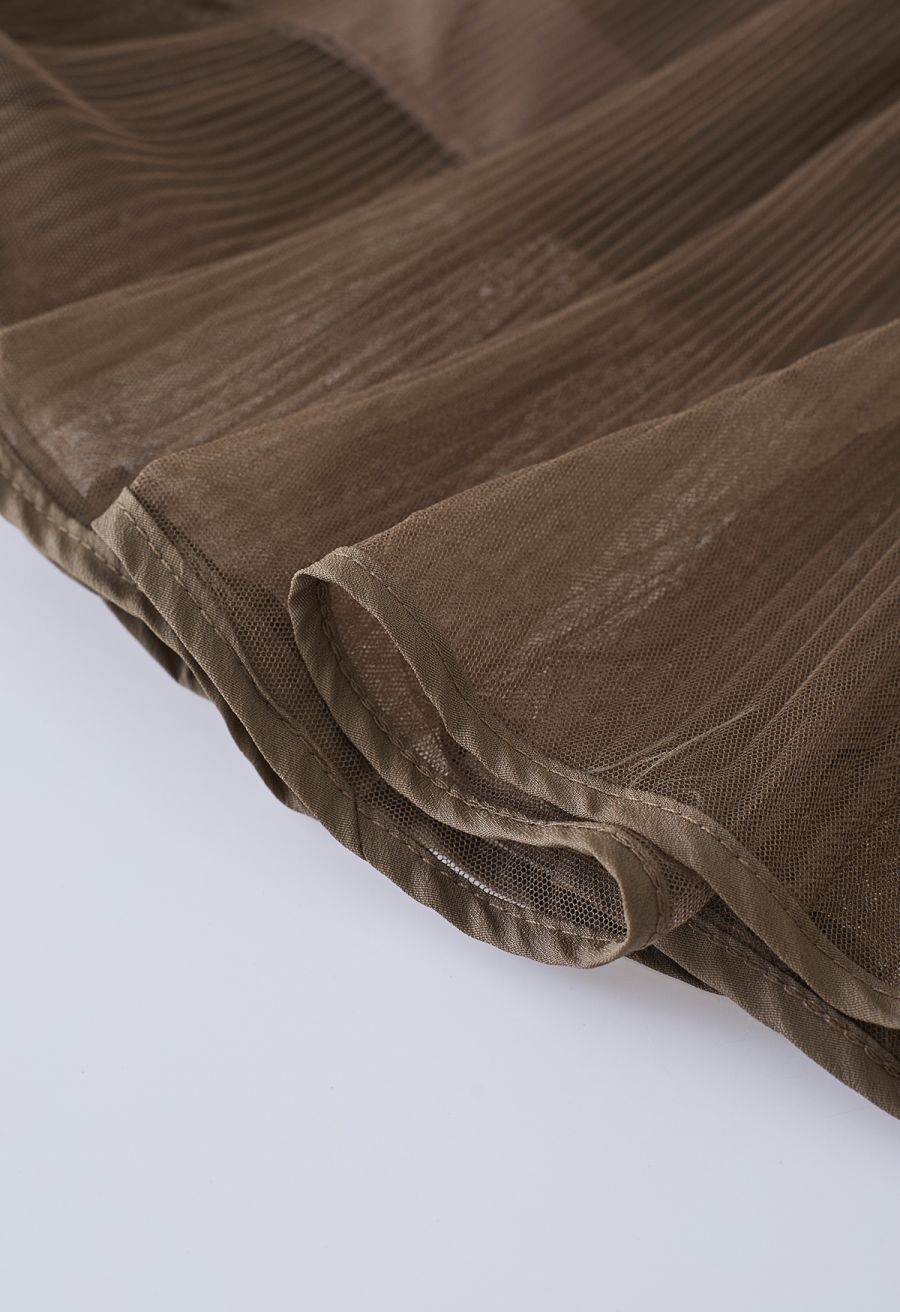 Fairy Plisse Mesh Tulle Midi Skirt in Brown