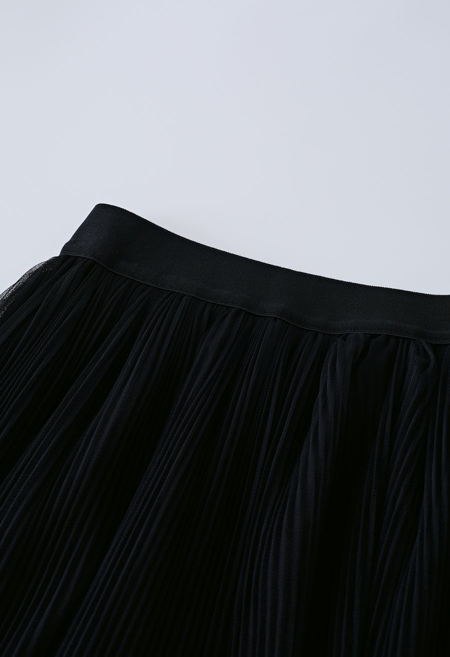 Fairy Plisse Mesh Tulle Midi Skirt in Black