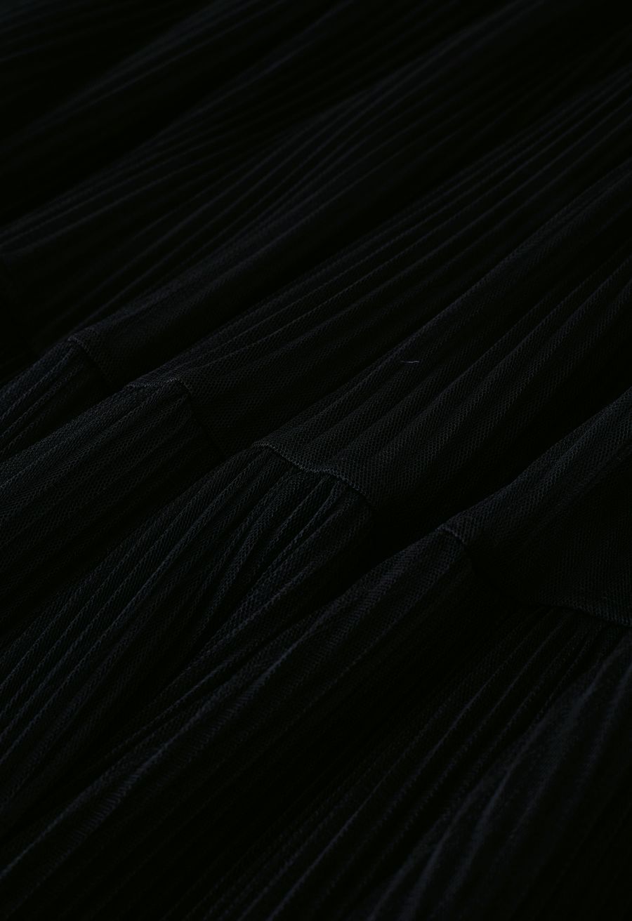 Fairy Plisse Mesh Tulle Midi Skirt in Black