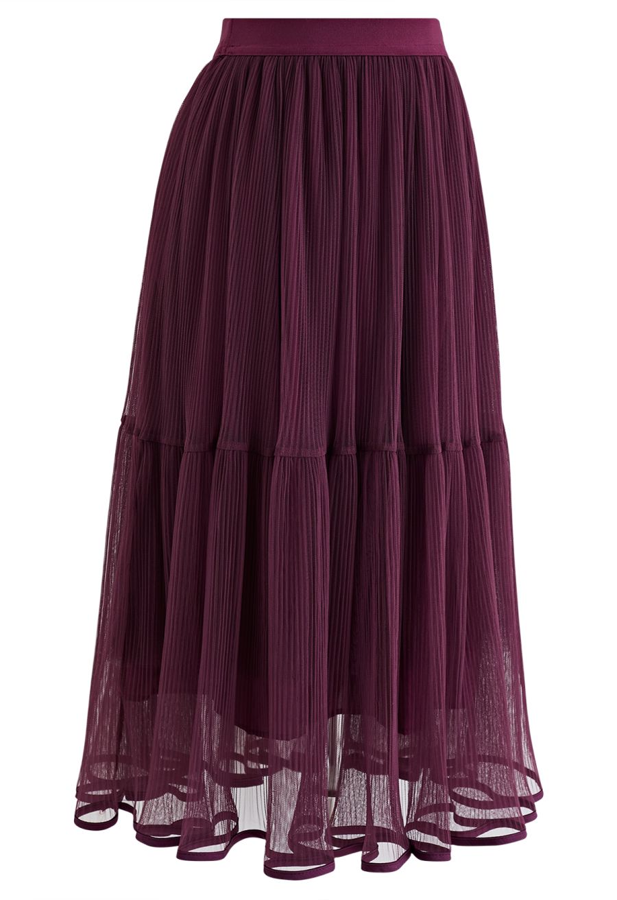 Fairy Plisse Mesh Tulle Midi Skirt in Plum