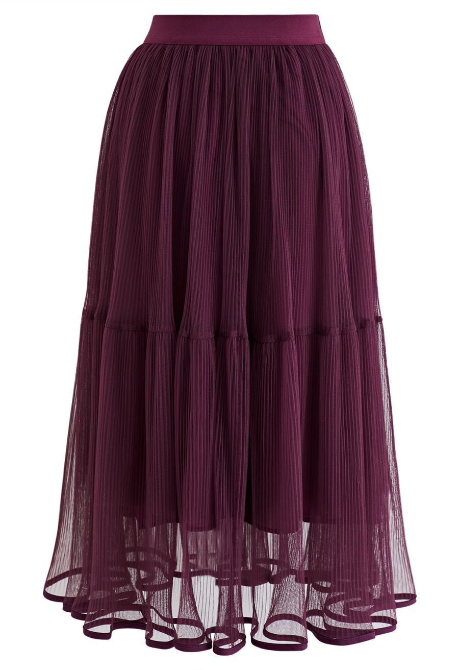Fairy Plisse Mesh Tulle Midi Skirt in Plum