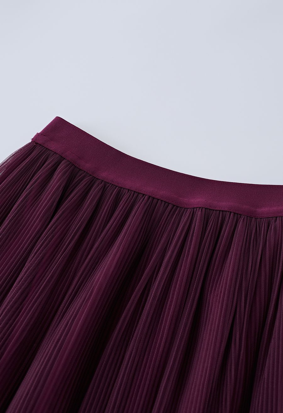Fairy Plisse Mesh Tulle Midi Skirt in Plum