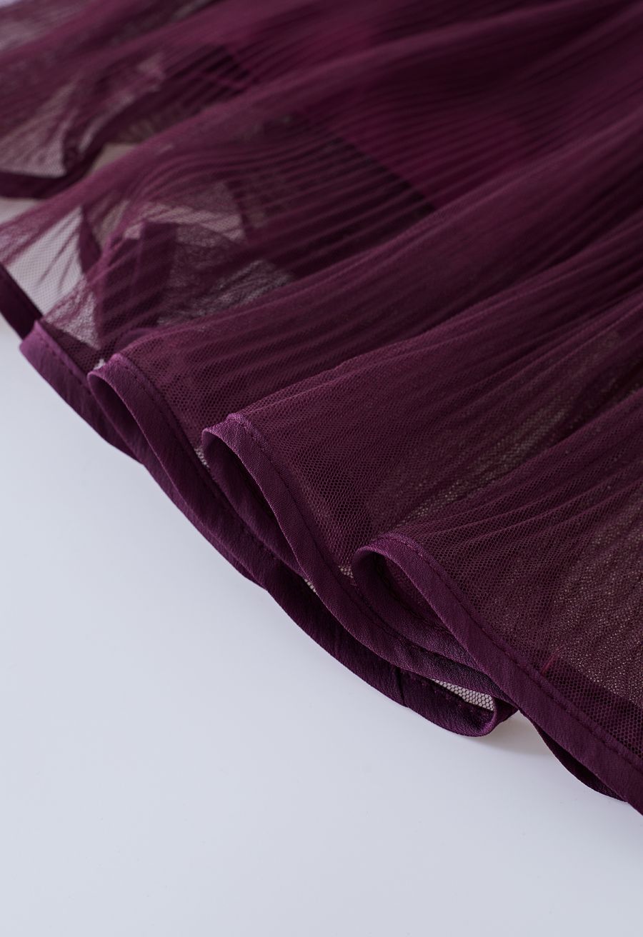 Fairy Plisse Mesh Tulle Midi Skirt in Plum