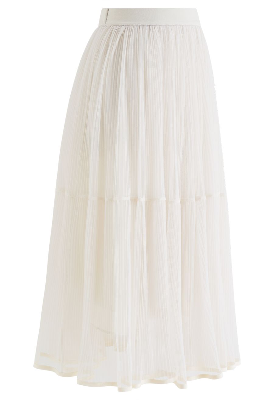 Fairy Plisse Mesh Tulle Midi Skirt in Cream