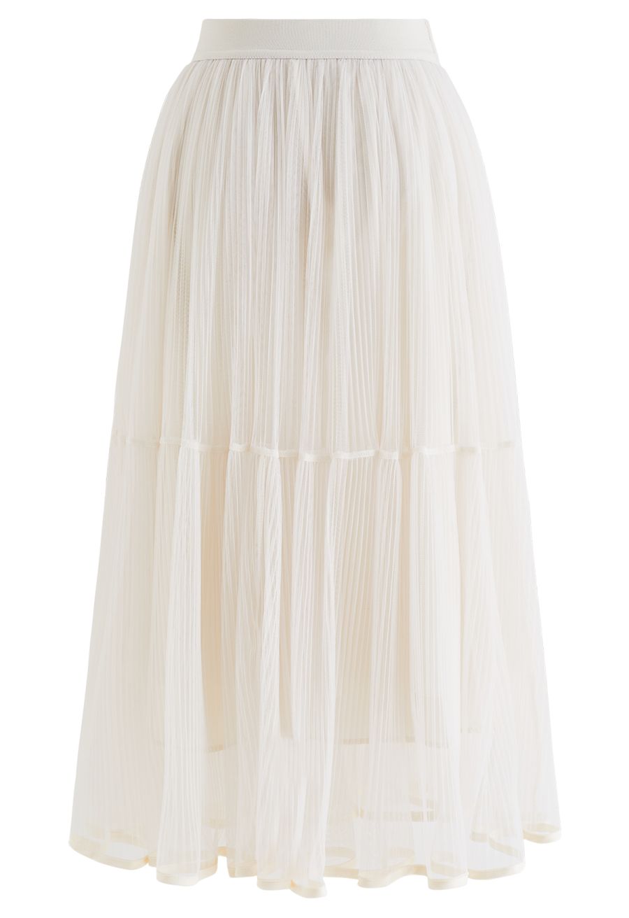 Fairy Plisse Mesh Tulle Midi Skirt in Cream