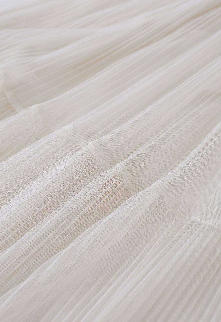 Fairy Plisse Mesh Tulle Midi Skirt in Cream