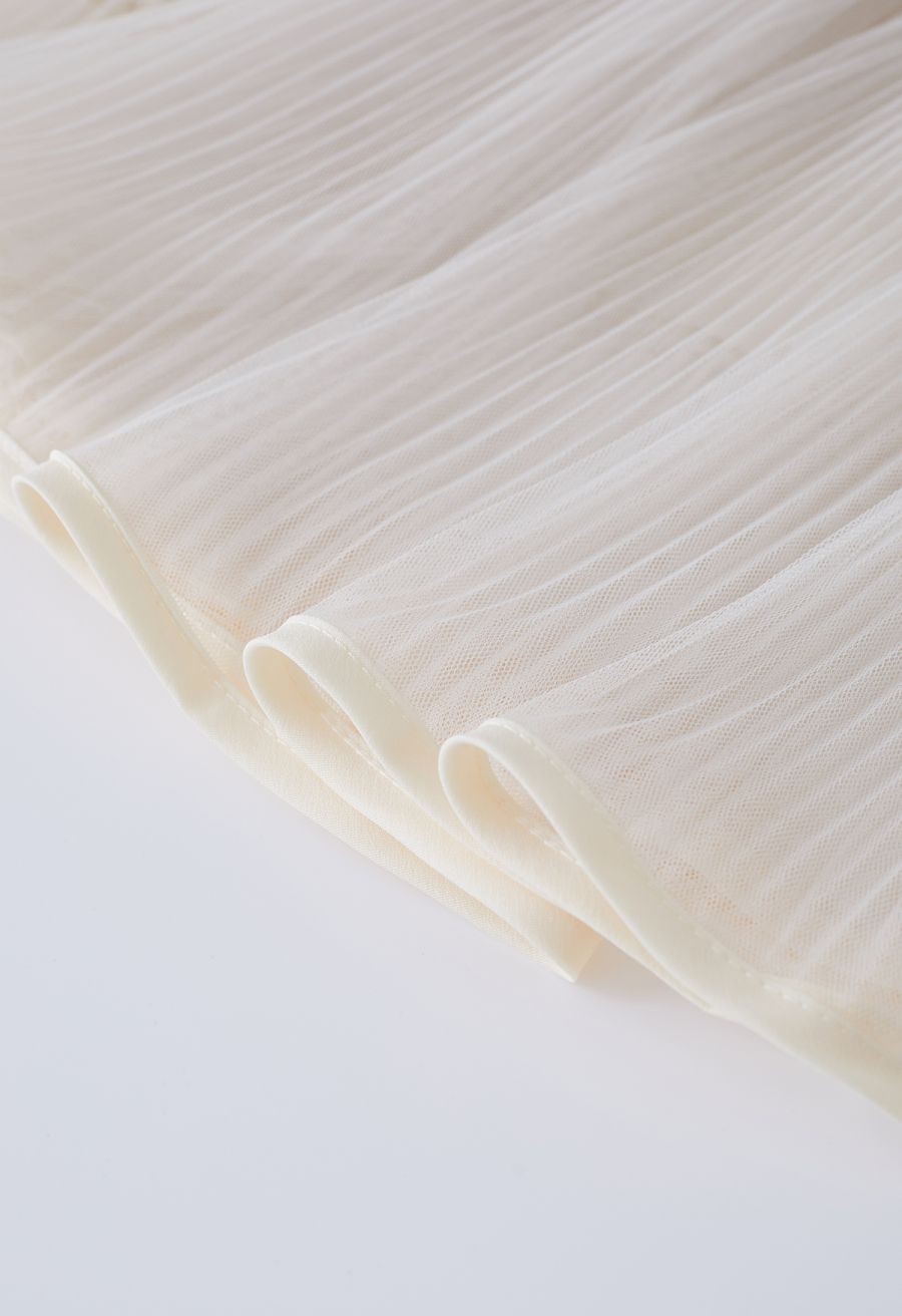 Fairy Plisse Mesh Tulle Midi Skirt in Cream