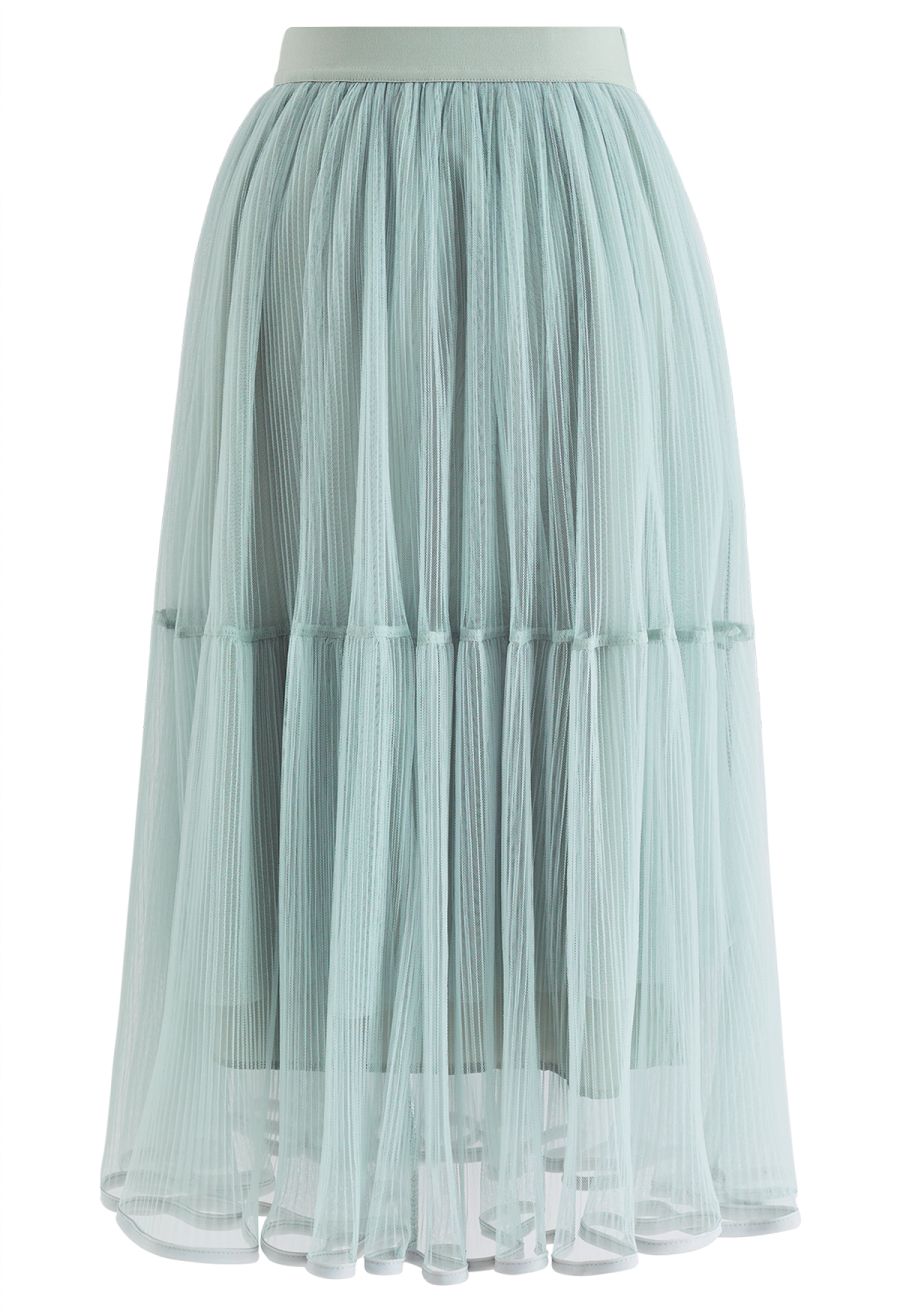 Fairy Plisse Mesh Tulle Midi Skirt in Mint
