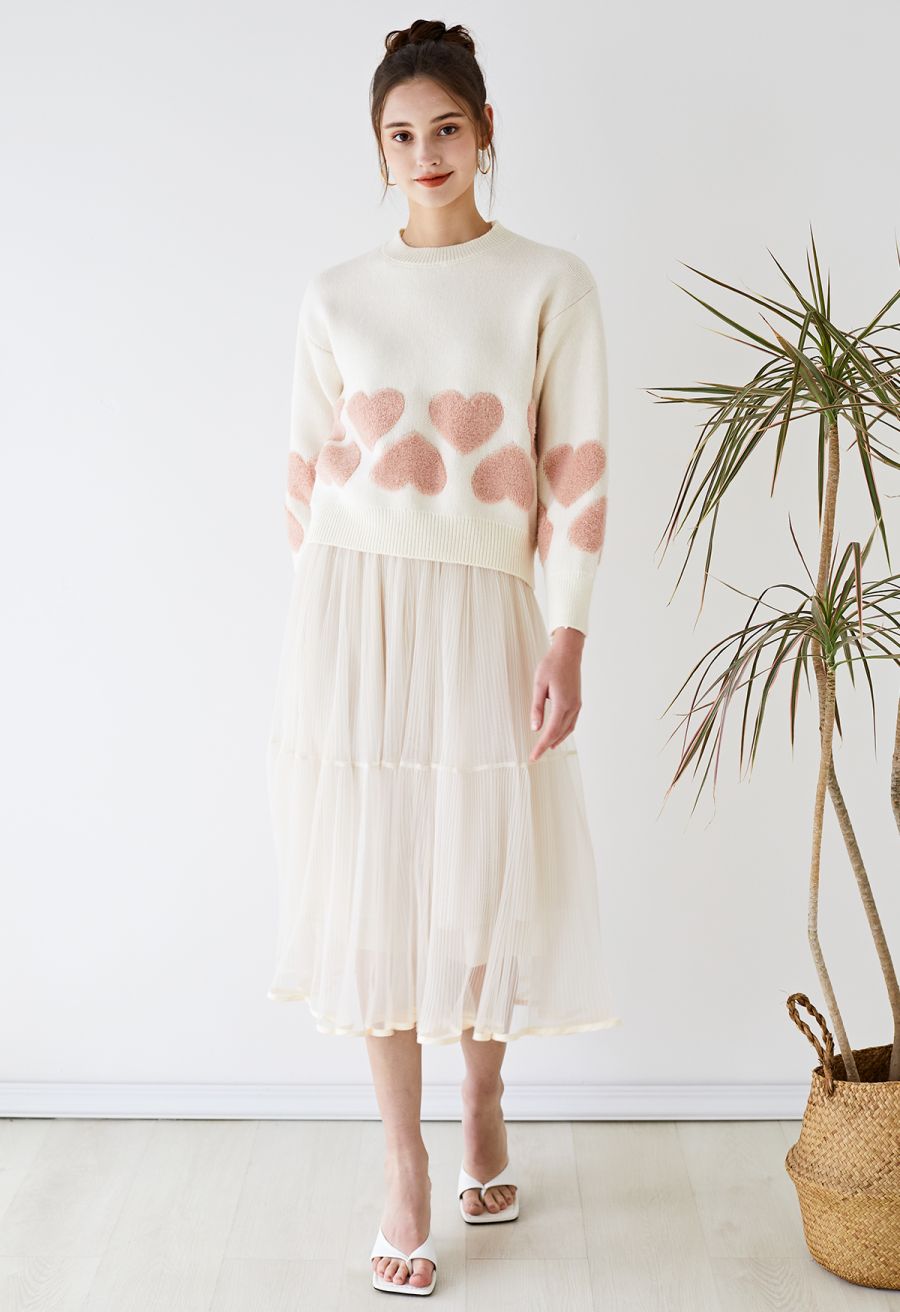Fairy Plisse Mesh Tulle Midi Skirt in Cream
