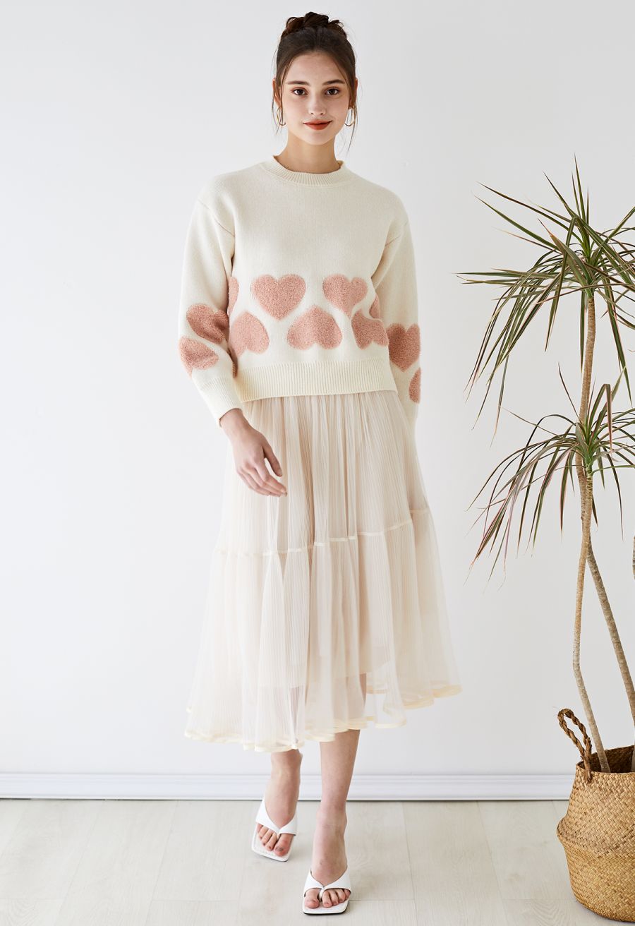 Fairy Plisse Mesh Tulle Midi Skirt in Cream