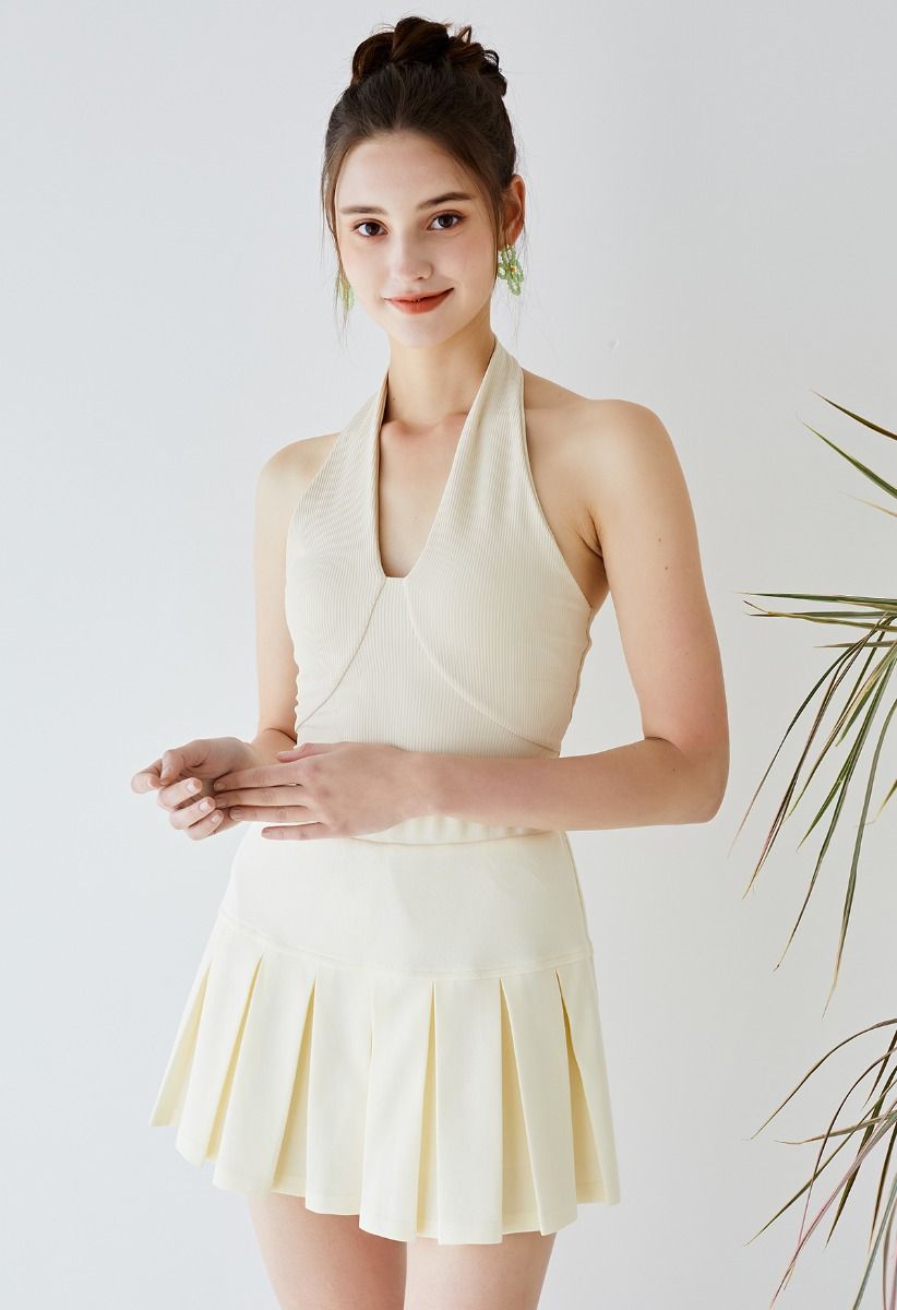U-Shape Halter Neck Breathable Bra Top in Oatmeal