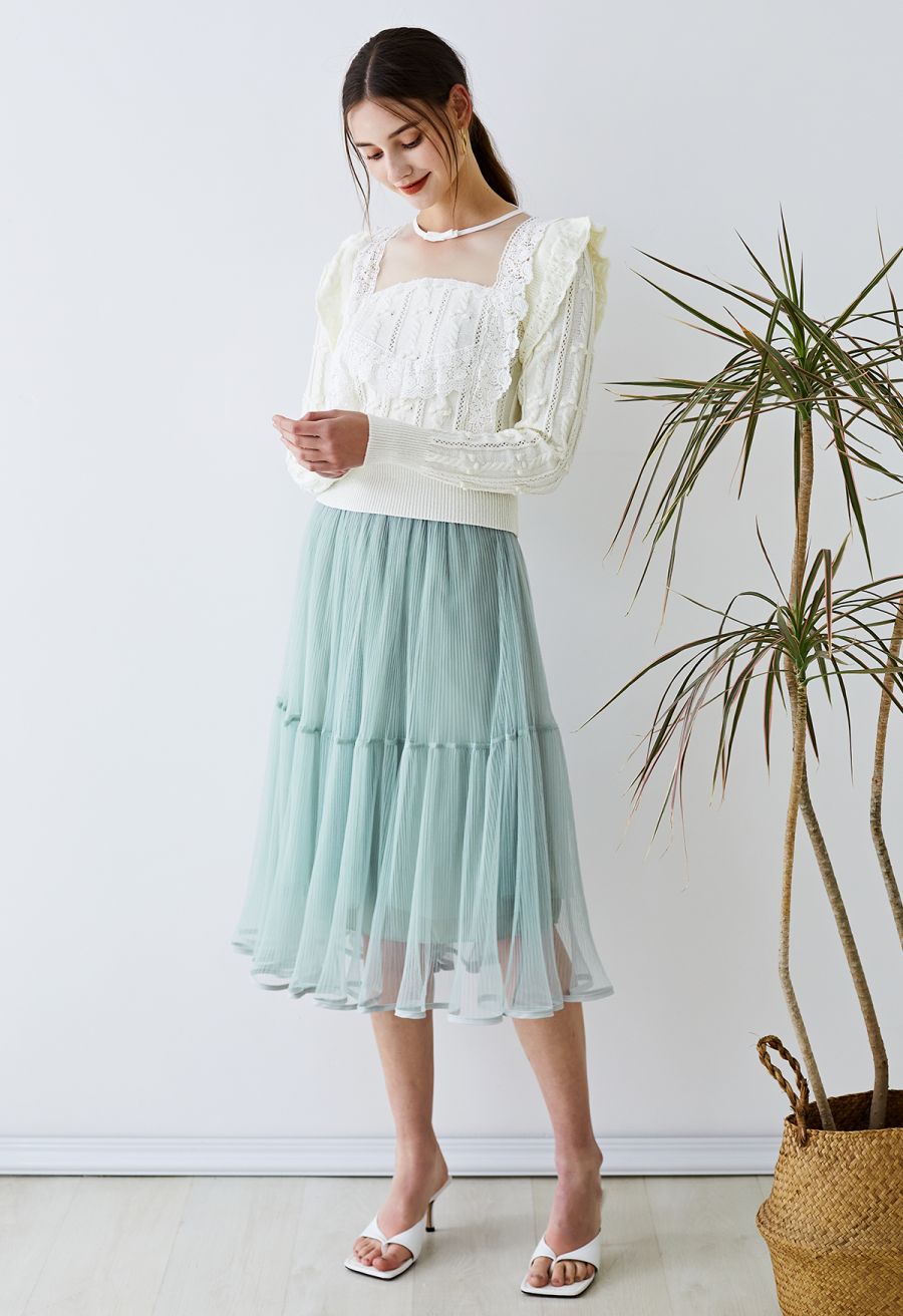 Fairy Plisse Mesh Tulle Midi Skirt in Mint