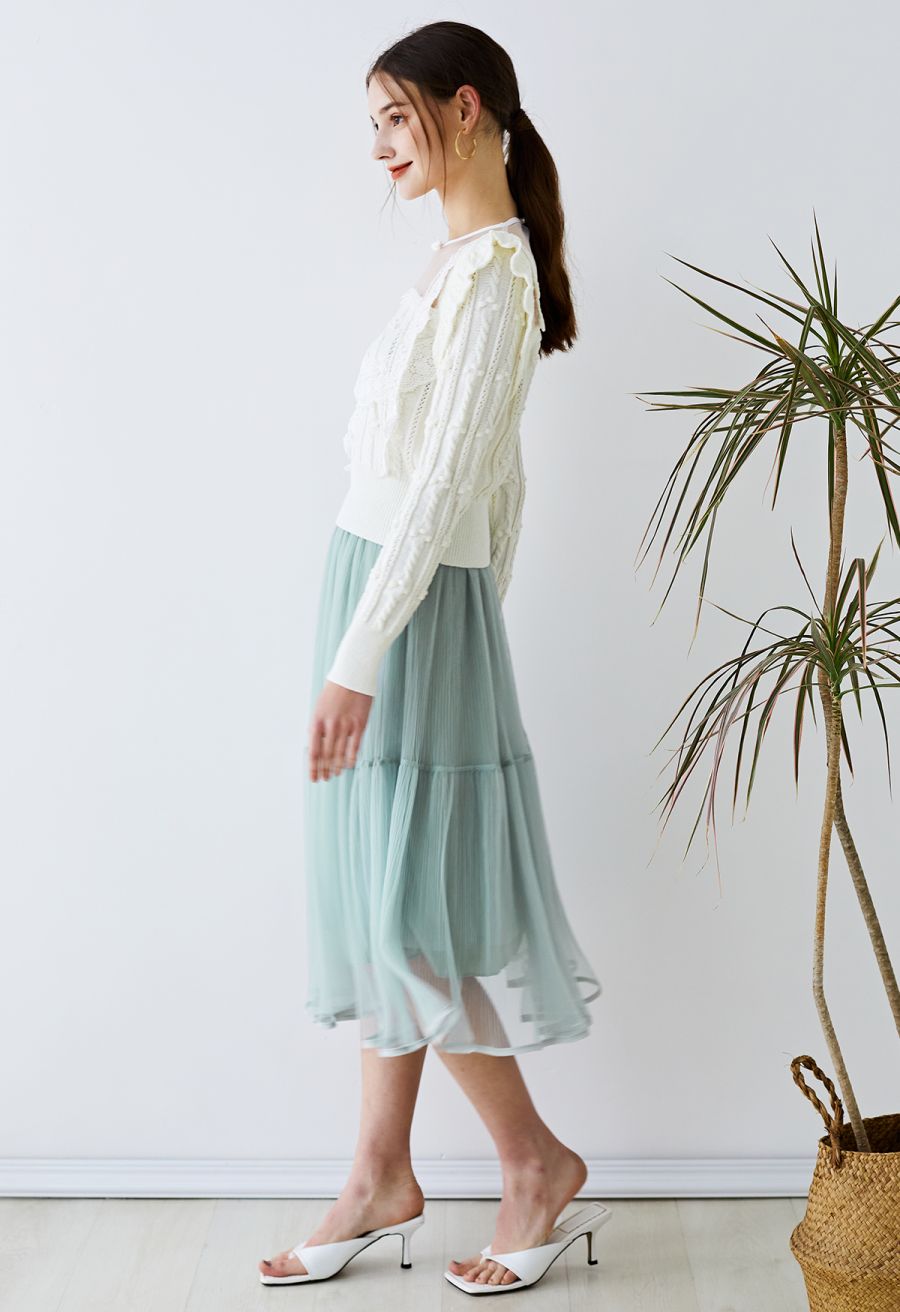 Fairy Plisse Mesh Tulle Midi Skirt in Mint