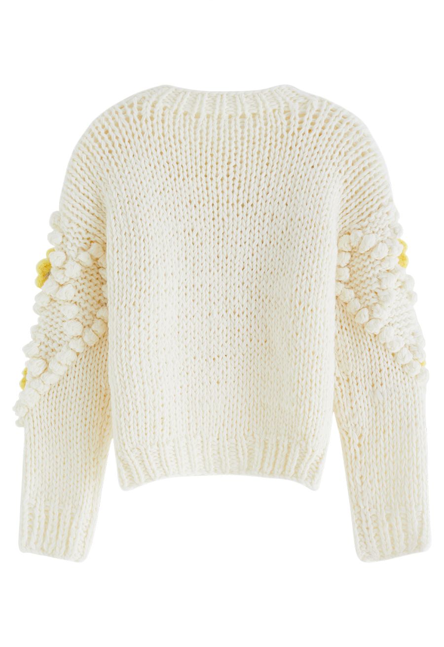Yellow Stitch Flower Pom-Pom Knit Cardigan