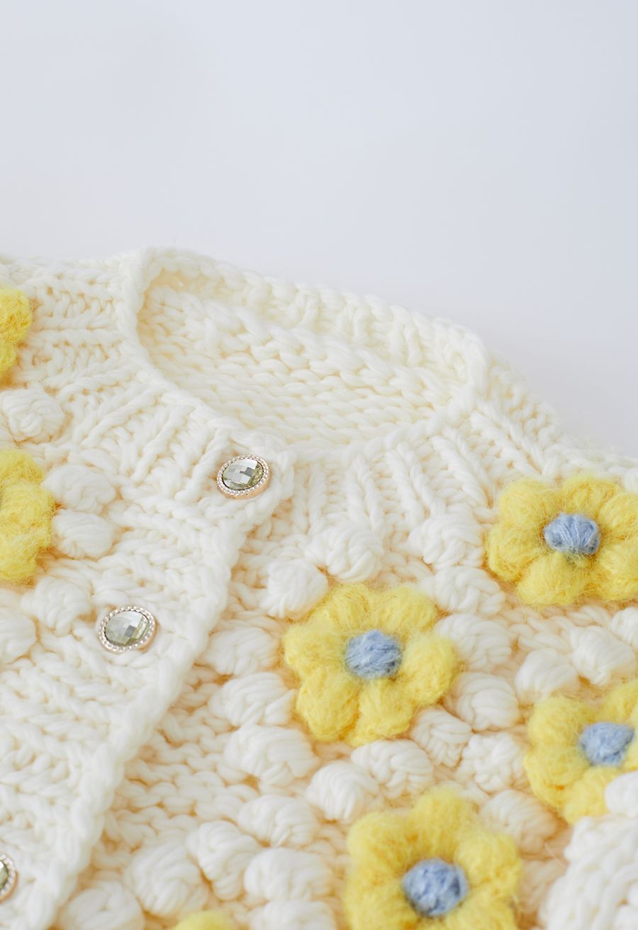 Yellow Stitch Flower Pom-Pom Knit Cardigan