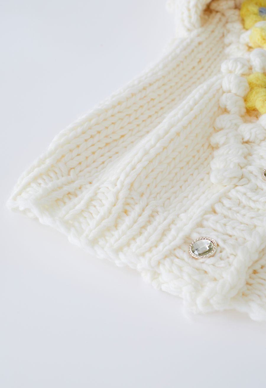 Yellow Stitch Flower Pom-Pom Knit Cardigan