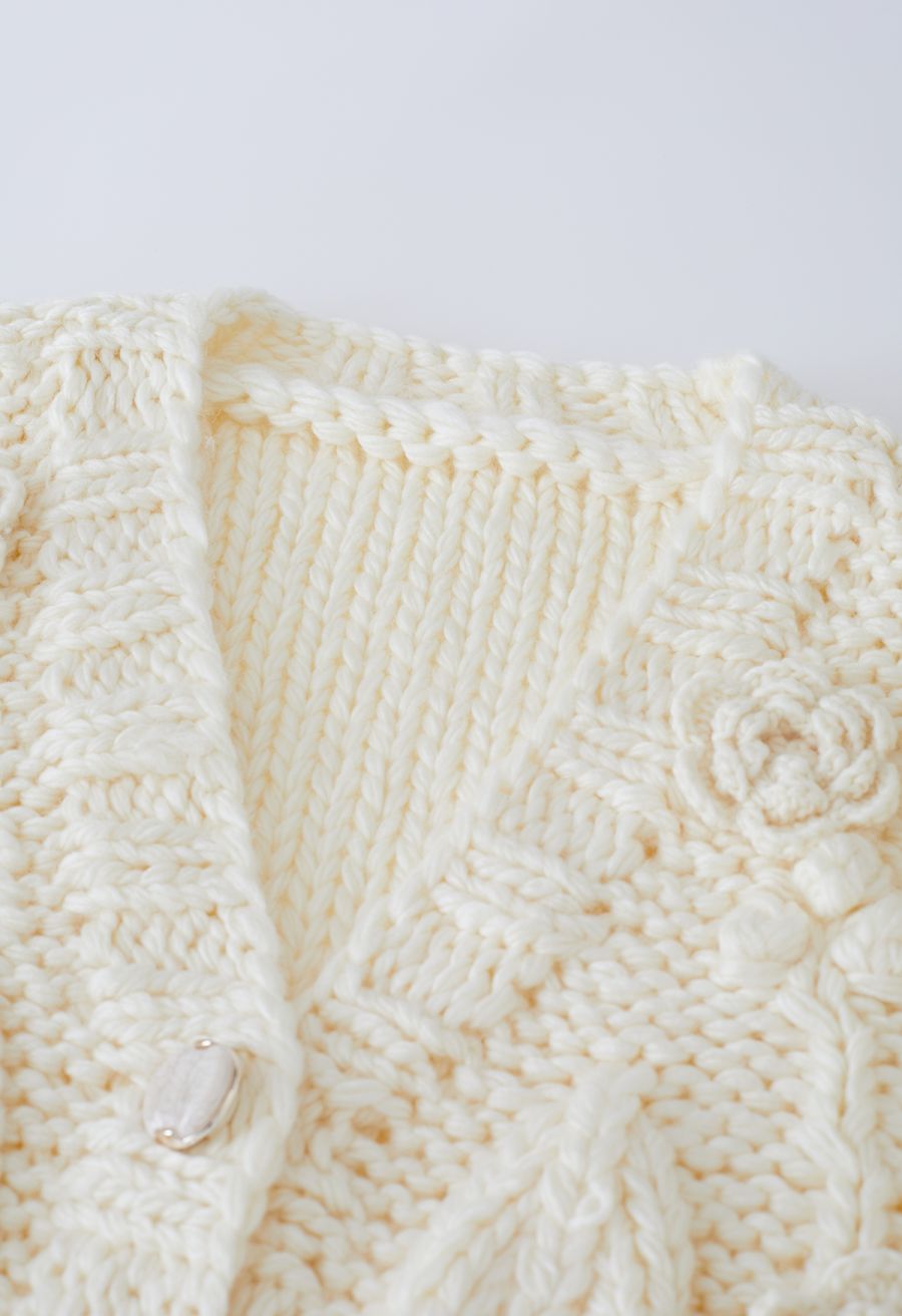 V-Neck Stitch Rose Buttoned Crop Cardigan