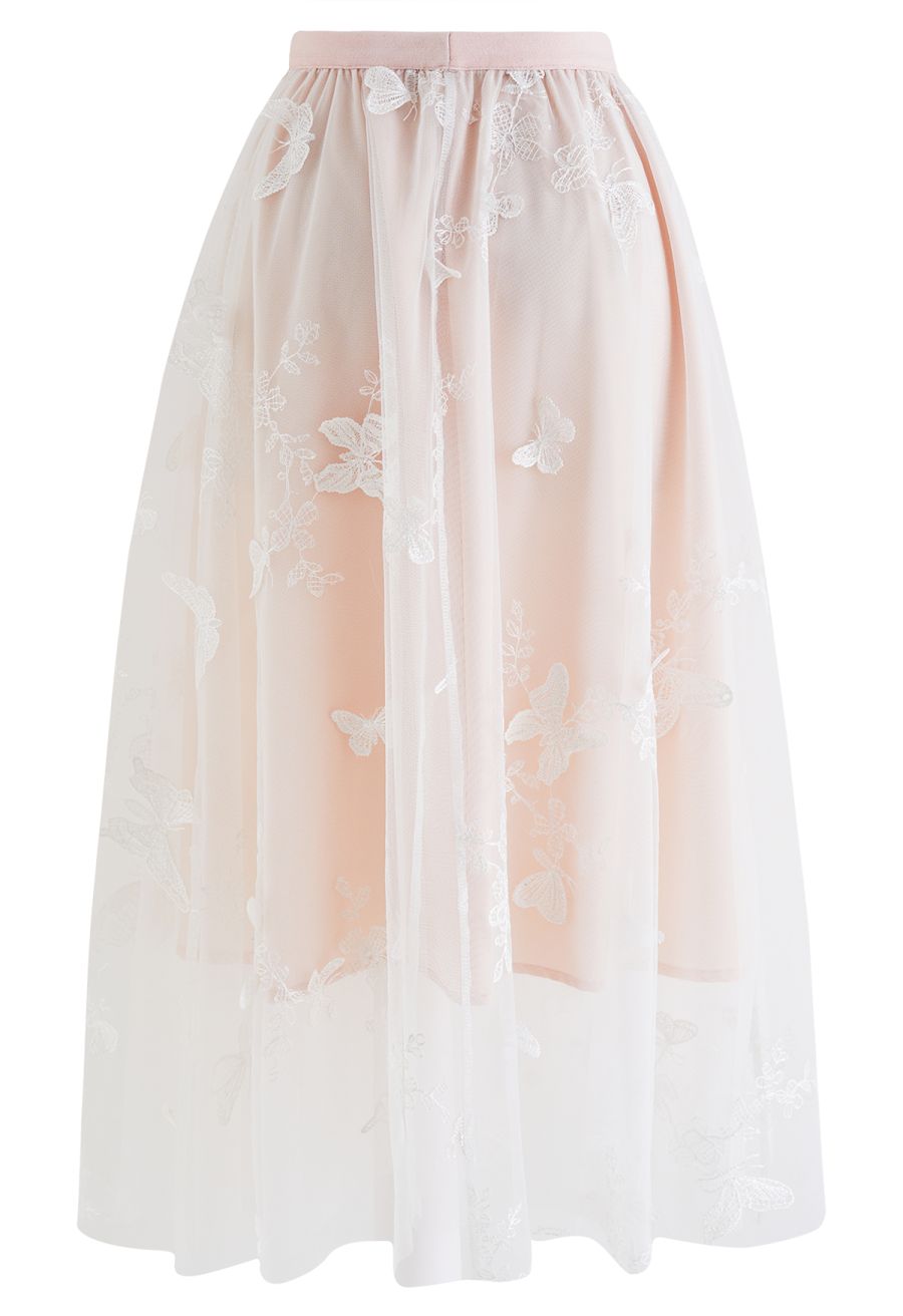 3D Butterfly Double-Layered Mesh Midi Skirt in Pink
