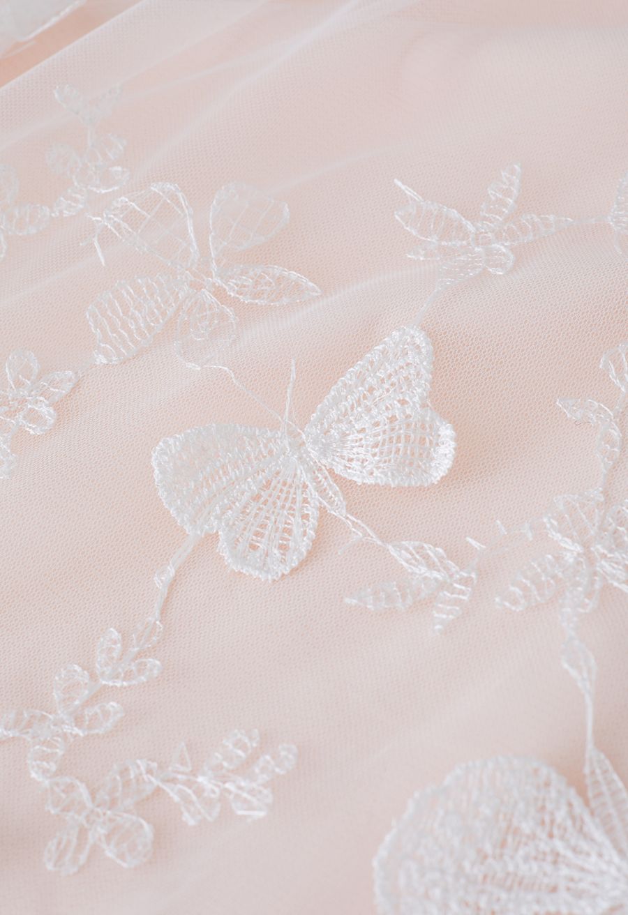 3D Butterfly Double-Layered Mesh Midi Skirt in Pink