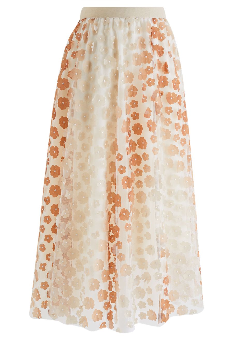 Gradient 3D Flower Double-Layered Mesh Skirt in Apricot