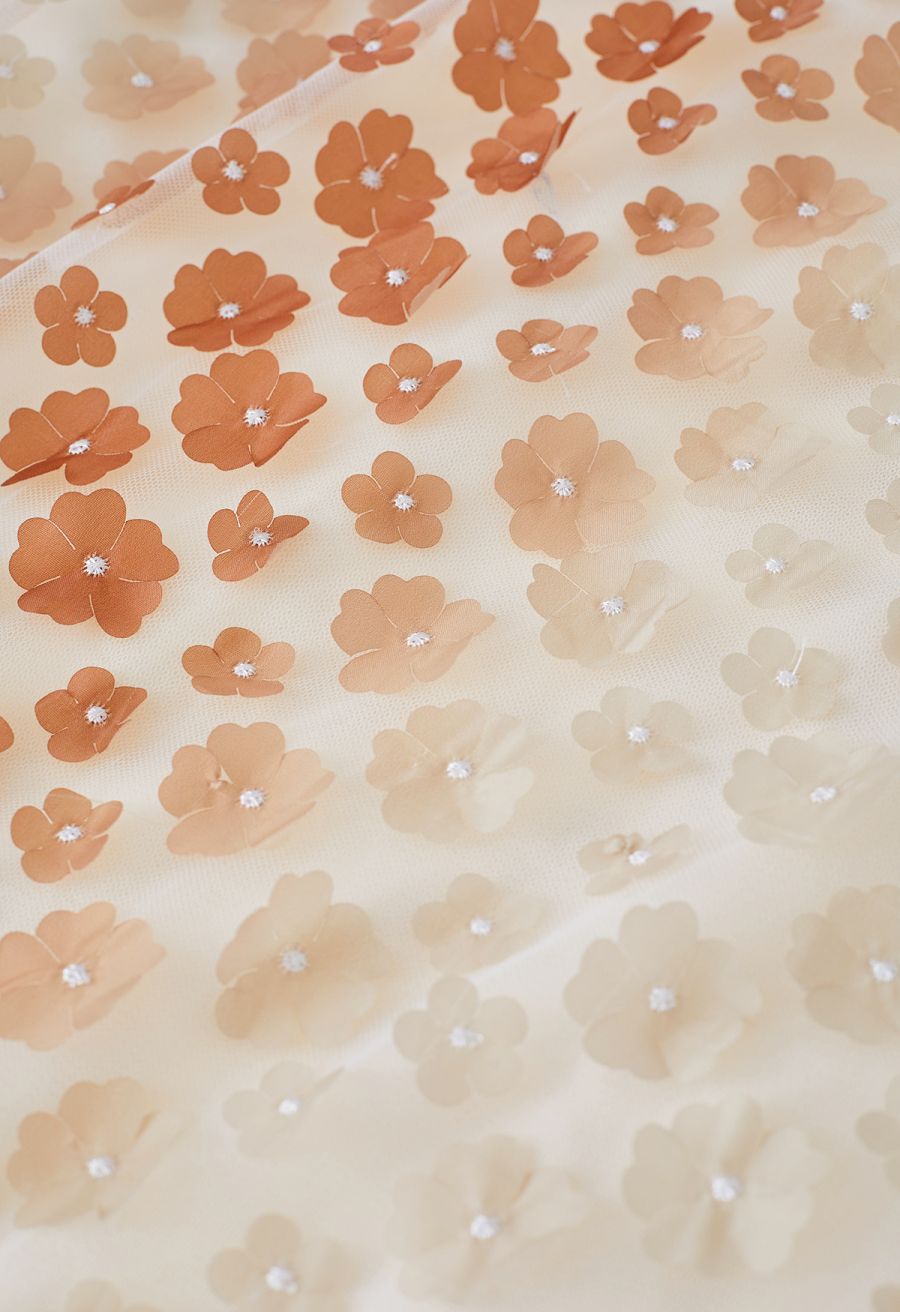 Gradient 3D Flower Double-Layered Mesh Skirt in Apricot