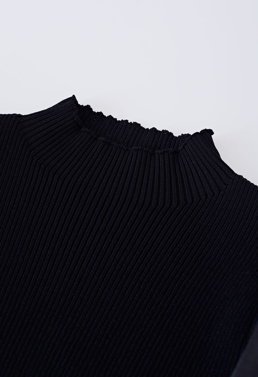 Tiered Ruffle Sleeves Spliced Knit Top in Black