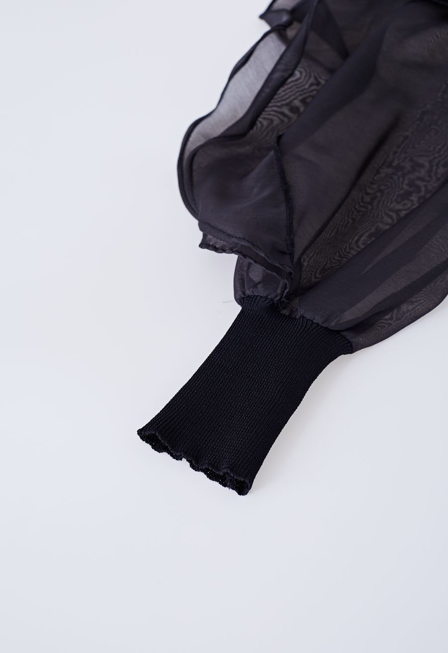 Tiered Ruffle Sleeves Spliced Knit Top in Black