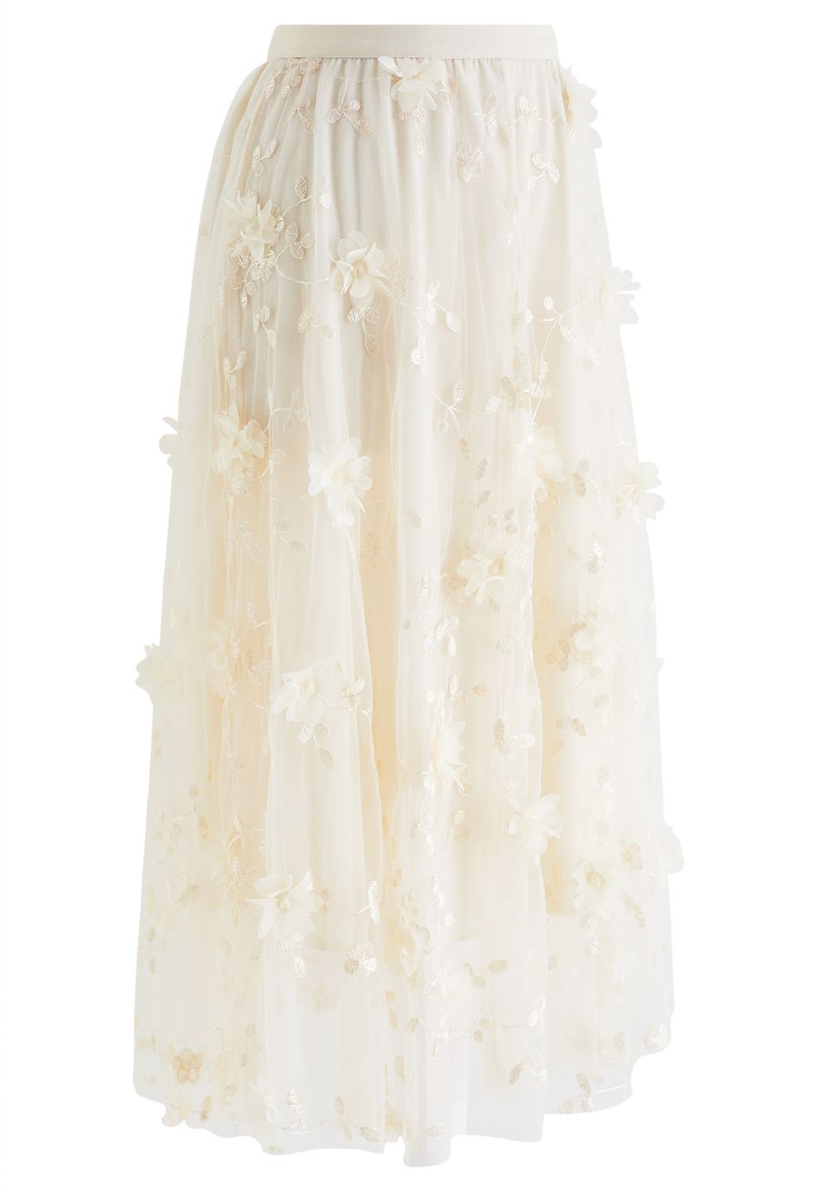 3D Mesh Flower Embroidered Tulle Midi Skirt in Light Yellow