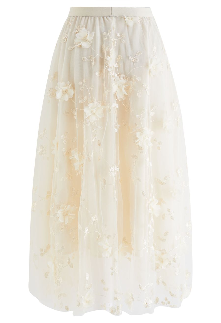 3D Mesh Flower Embroidered Tulle Midi Skirt in Light Yellow