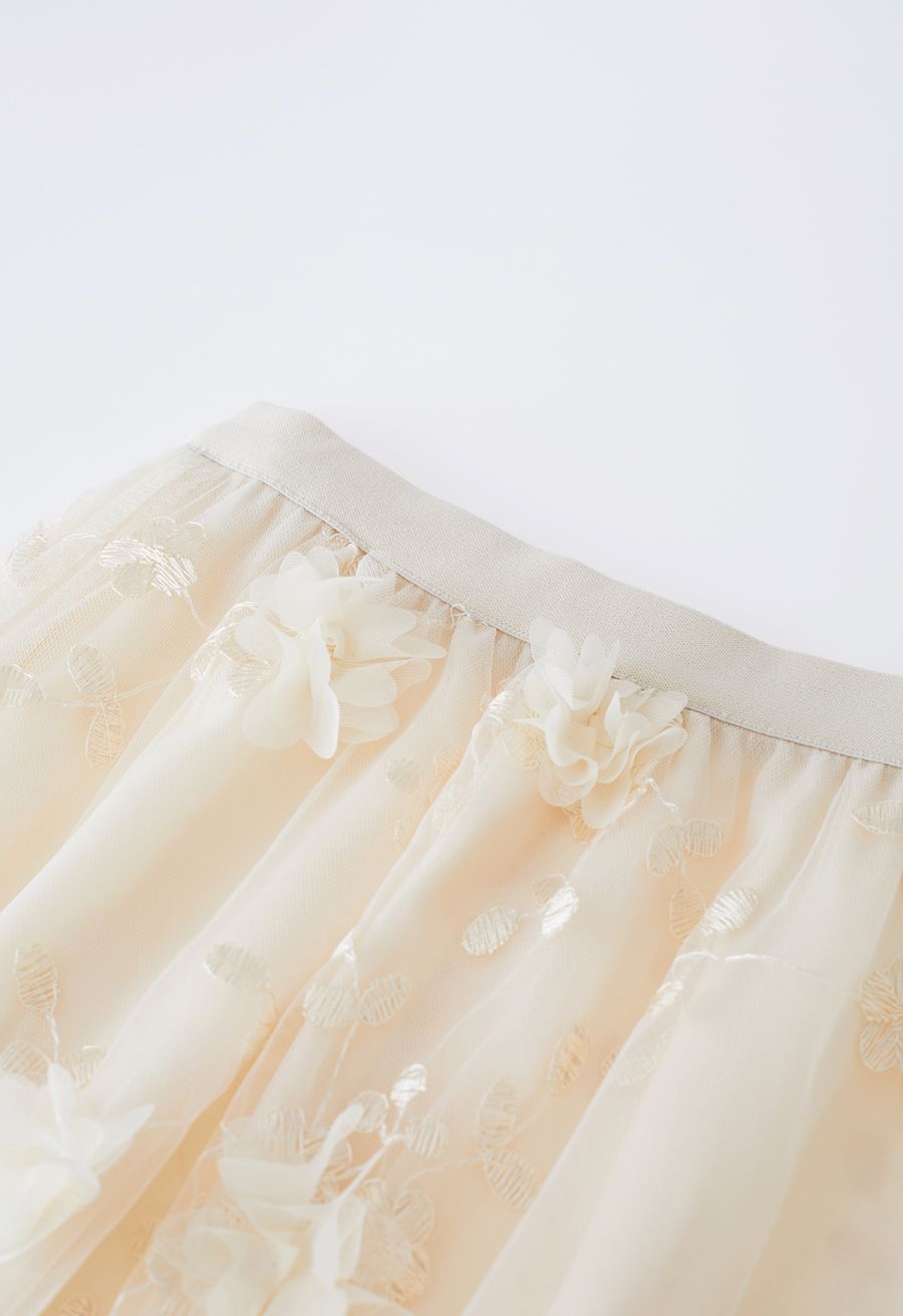 3D Mesh Flower Embroidered Tulle Midi Skirt in Light Yellow