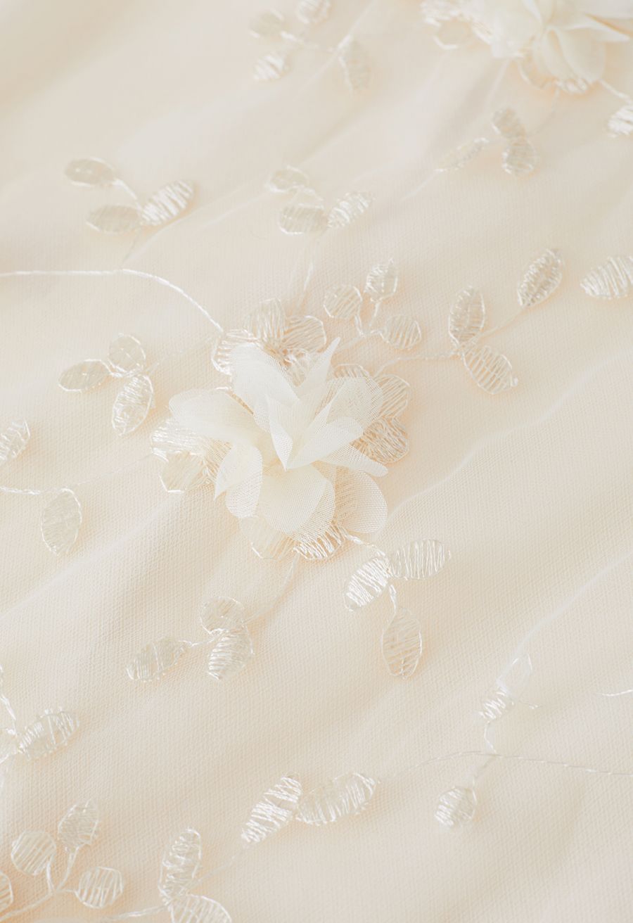 3D Mesh Flower Embroidered Tulle Midi Skirt in Light Yellow
