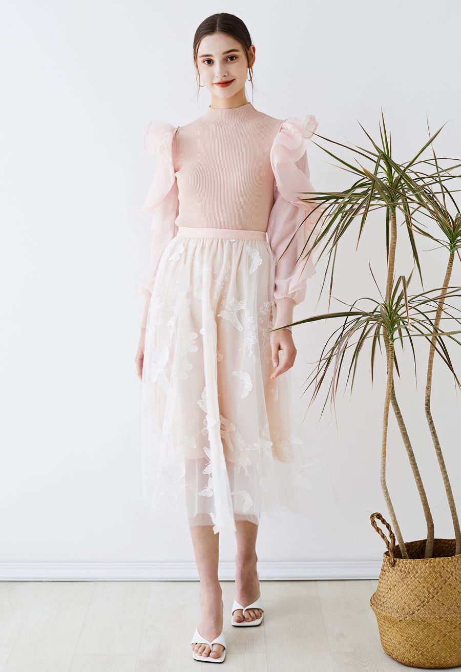 3D Butterfly Double-Layered Mesh Midi Skirt in Pink