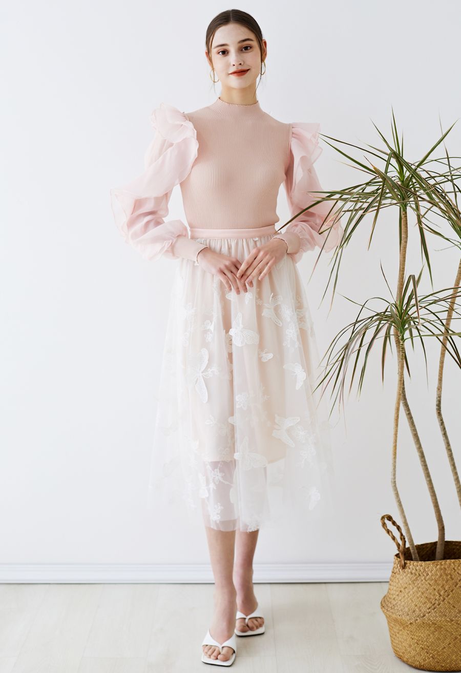 3D Butterfly Double-Layered Mesh Midi Skirt in Pink