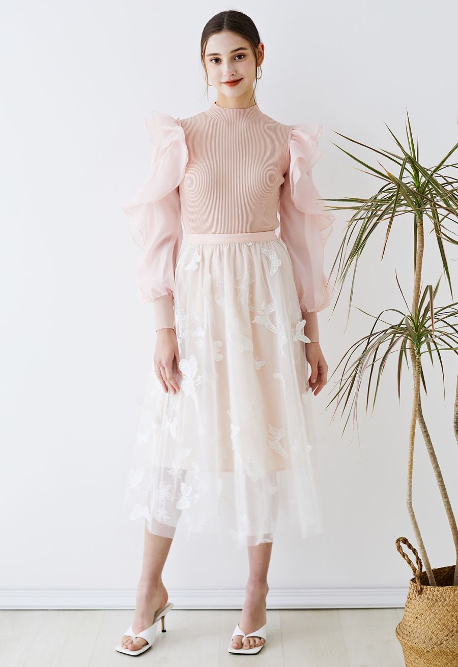 3D Butterfly Double-Layered Mesh Midi Skirt in Pink