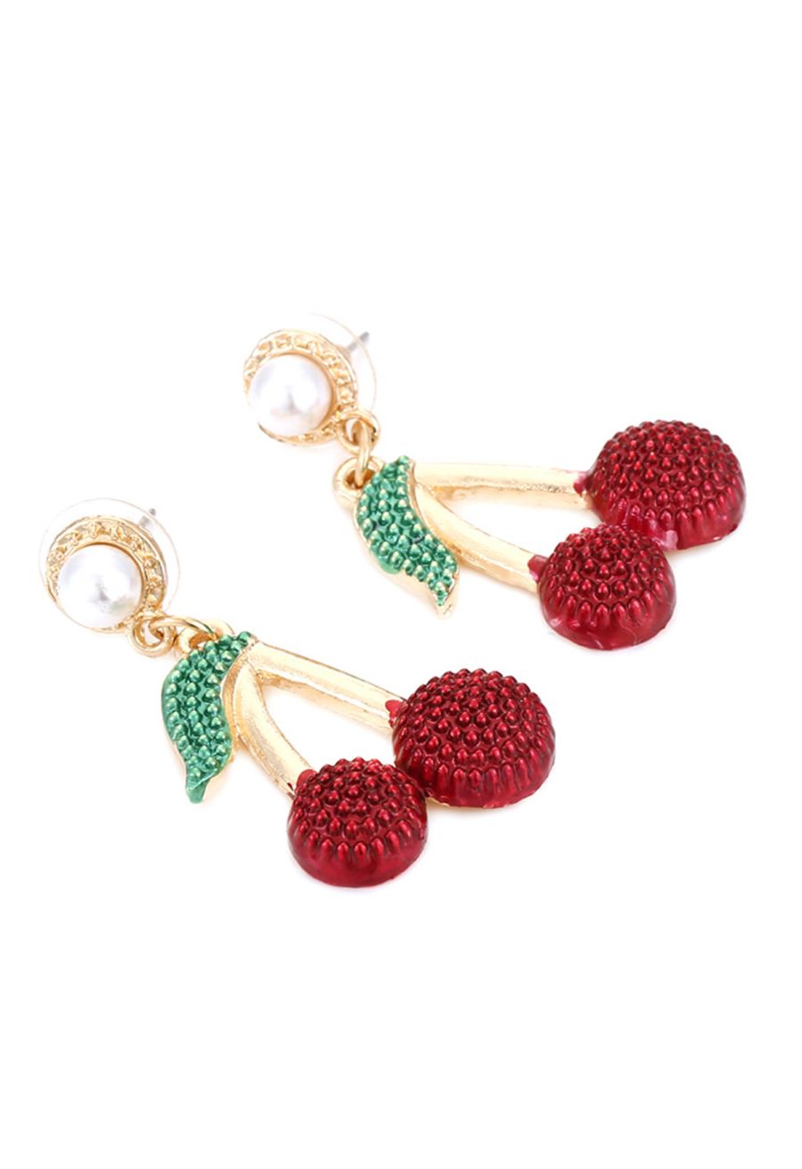Sweet Cherry Diamond Pearl Earrings