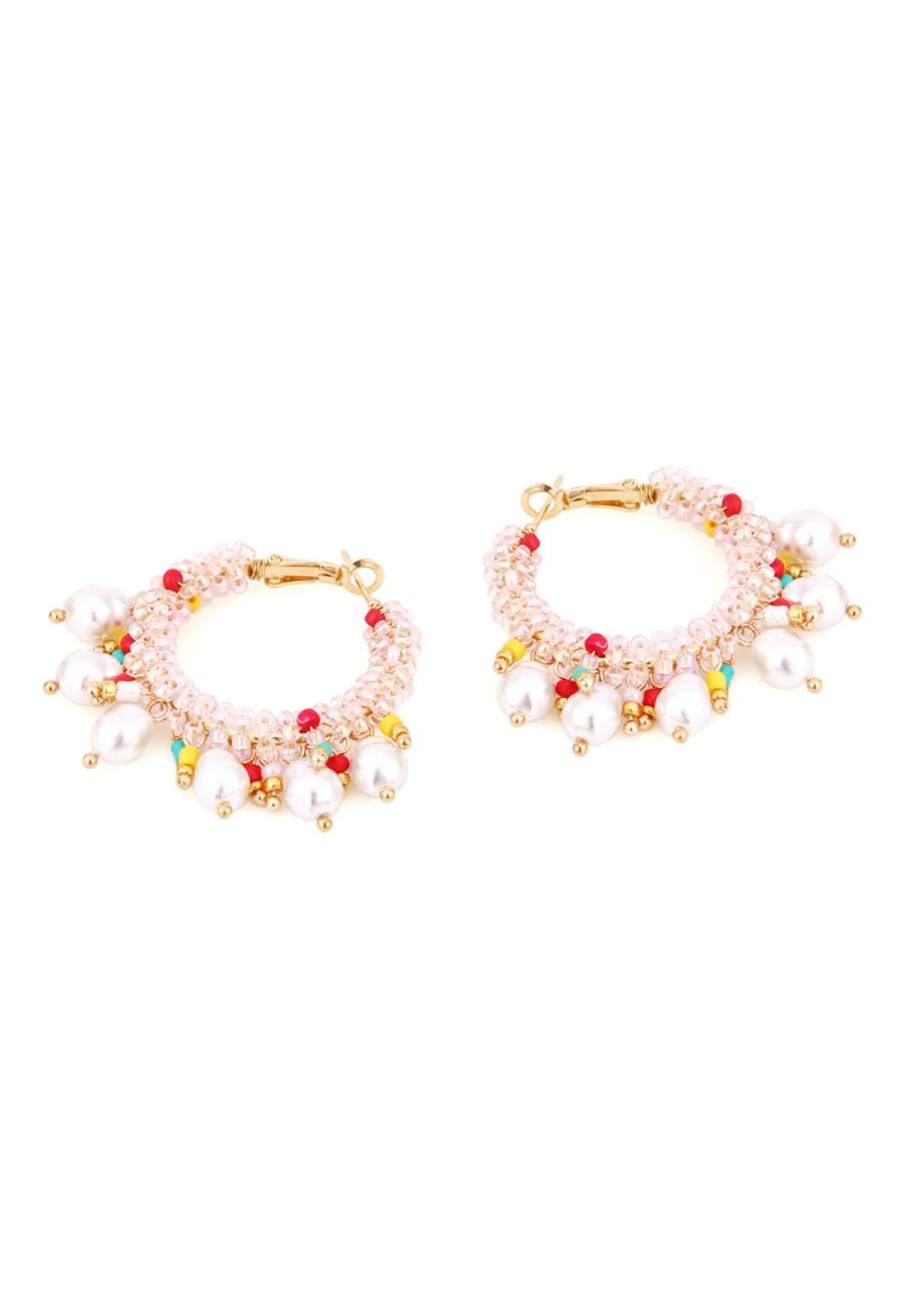 Bohemia Beaded Pearl Hook Earrings in Pink