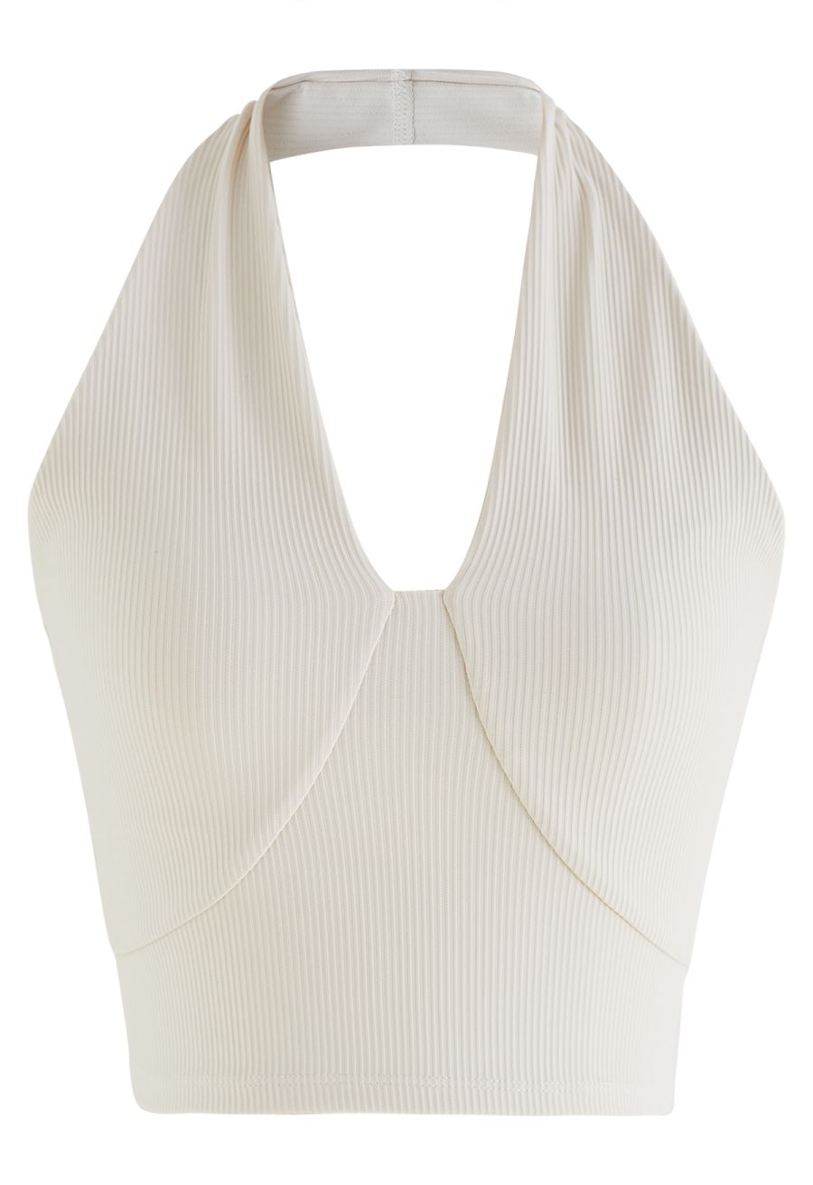 U-Shape Halter Neck Breathable Bra Top in Oatmeal