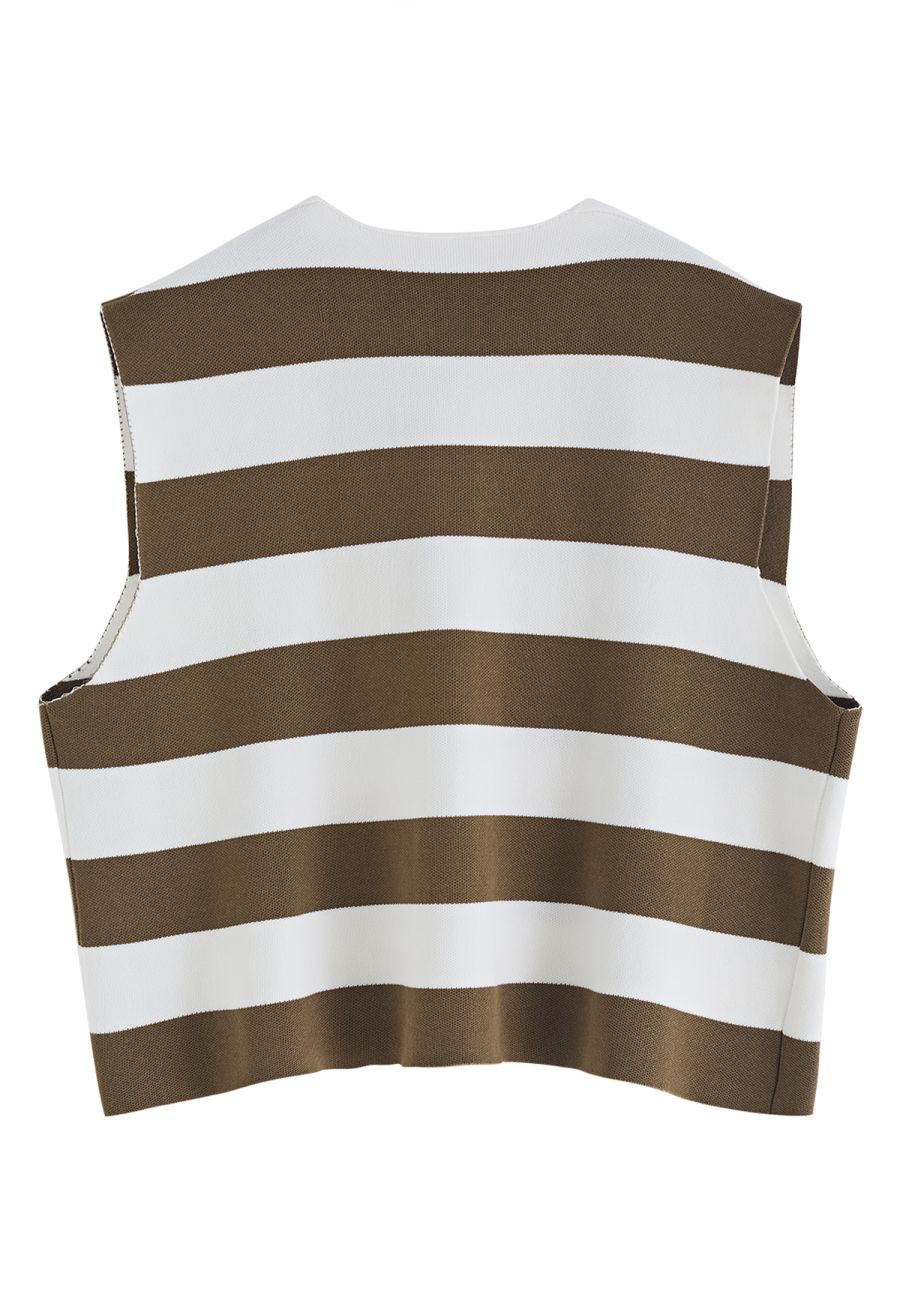 V-Neck Striped Knit Vest in Khaki