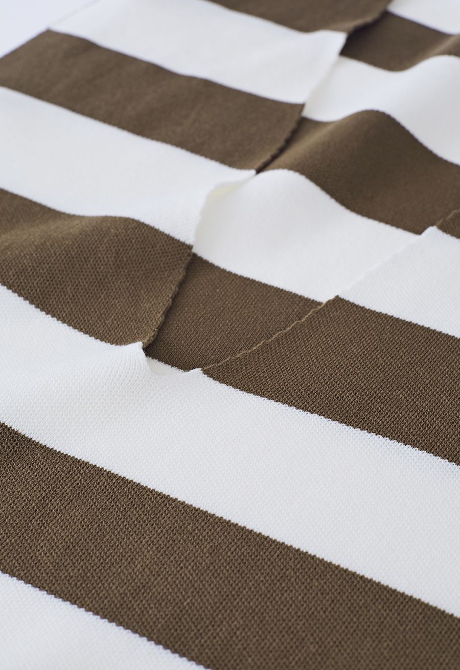 V-Neck Striped Knit Vest in Khaki