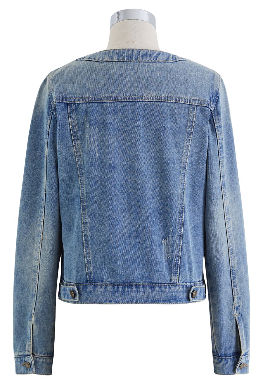 Light Wash Collarless Denim Jacket
